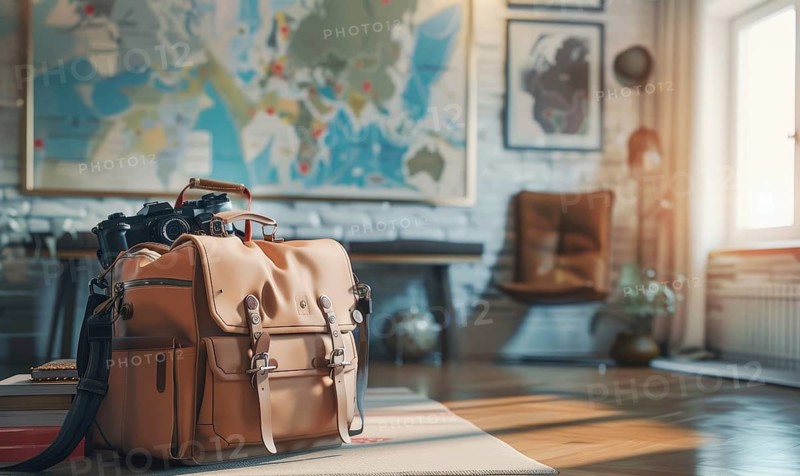 Vintage leather travel bag with a world map in the background AI generated