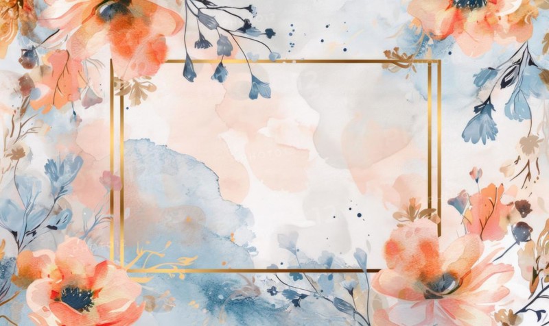 Thin golden frame on watercolor background, space for text AI generated