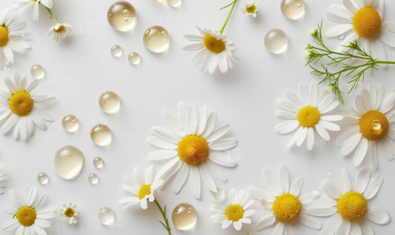 Chamomile essential oil droplets on chamomile flowers, nature beauty background AI generated