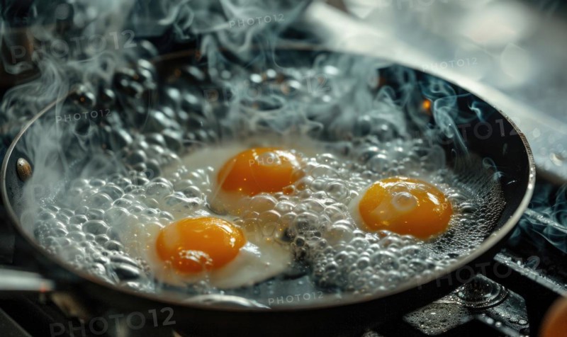 Eggs frying in a sizzling pan, close up AI generated