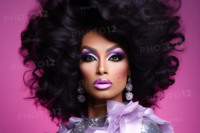Portrait of drag queen with big black hair on pink studio background. KI generiert, generiert, AI generated