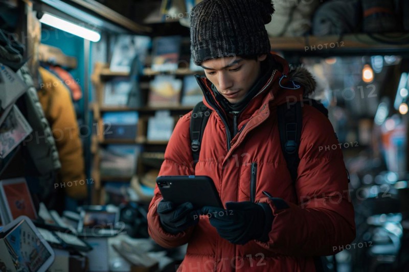 A man in a red jacket browsing his smartphone by a street vendor at night, AI generated