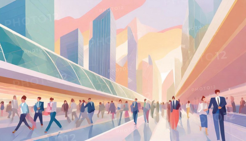 Artwork of people in business attire mingling in a modern cityscape with pastel tones, low poly style, AI generated