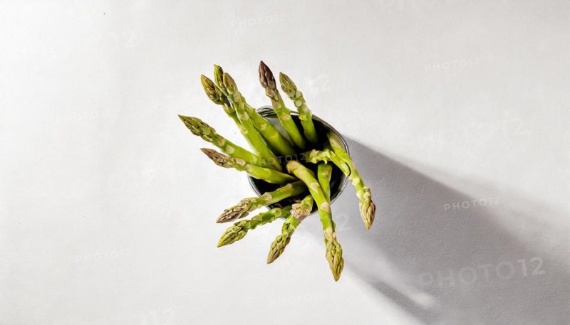 Green asparagus casting a long shadow on a white surface, AI generated, AI generated