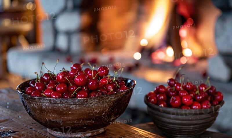 A cozy fireplace adorned with bowls of ripe cherries, AI generated