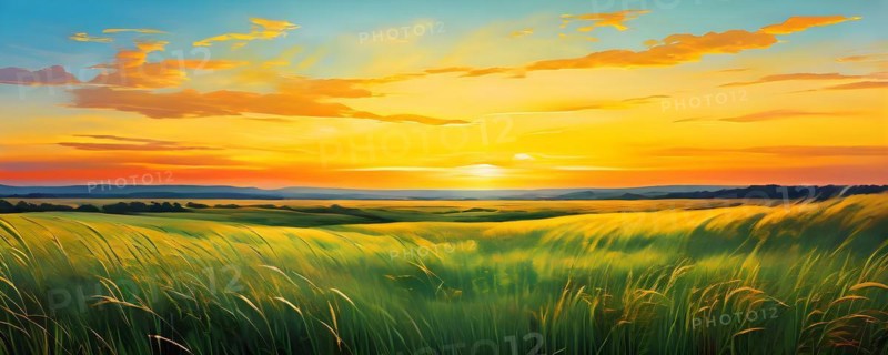 AI generated abstract painting of grasslands under a blazing sunset waves of greens