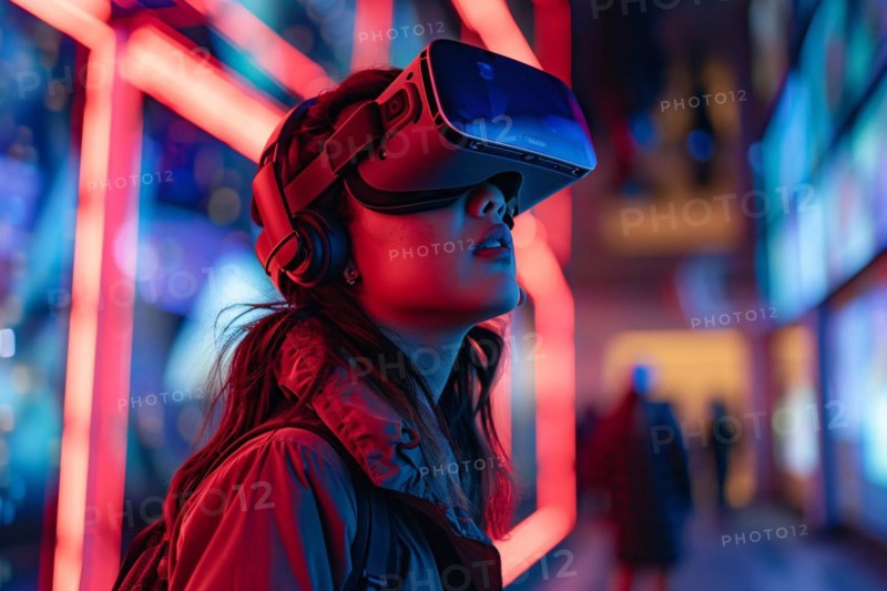 Woman with VR headset surrounded by vibrant neon lights, engrossed in a virtual experience, AI generated