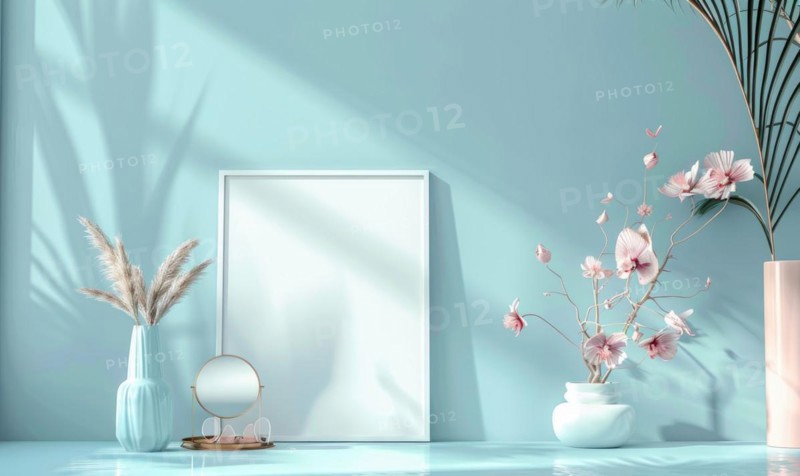 Flat background with blank poster mockup on blue wall AI generated
