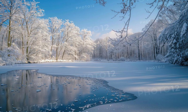 A winter landscape with a frozen lake and snow-covered forest AI generated