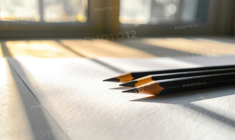 Graphite pencils and white paper illuminated by natural through a window AI generated