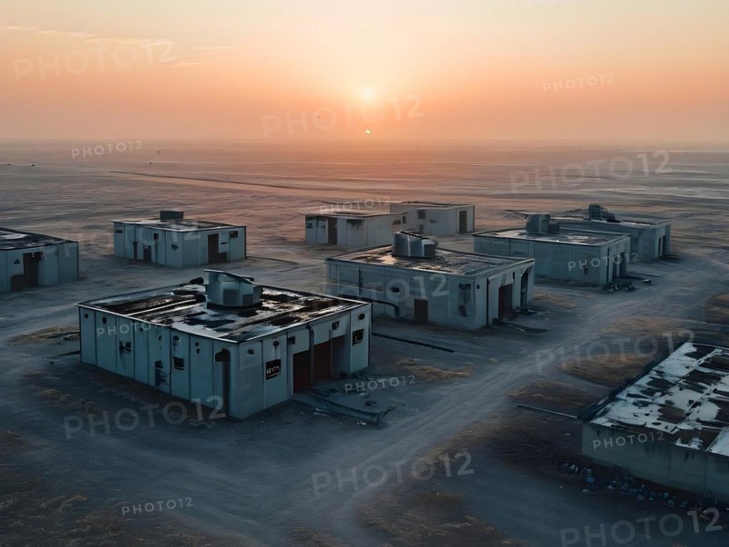 Aerial view of deserted military base featuring empty barracks and abandoned tanks in silent, AI generated