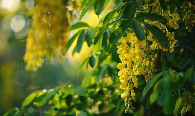 Laburnum flowers contrasting against green foliage AI generated