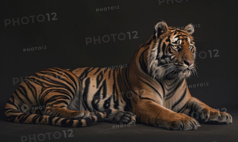 A Sumatran tiger lounging in a relaxed pose against a studio backdrop AI generated