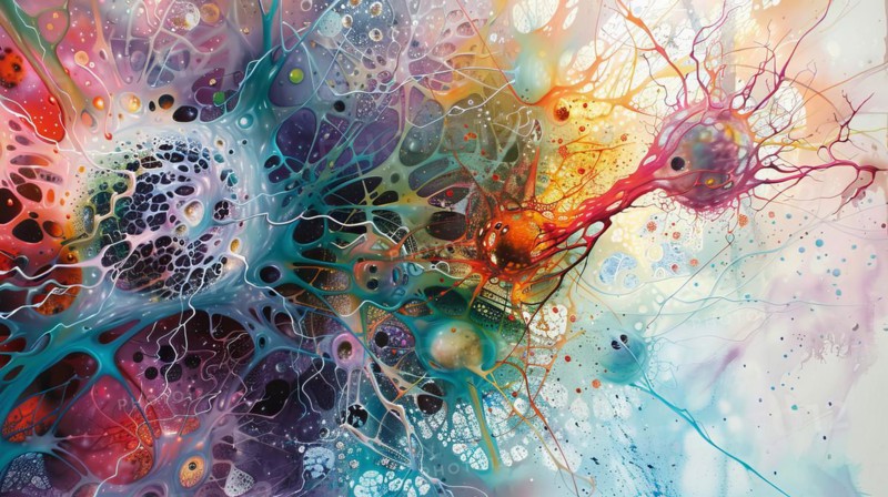 Abstract fluid art with vibrant, organic cell-like shapes in a multitude of colors, ai generated, AI generated