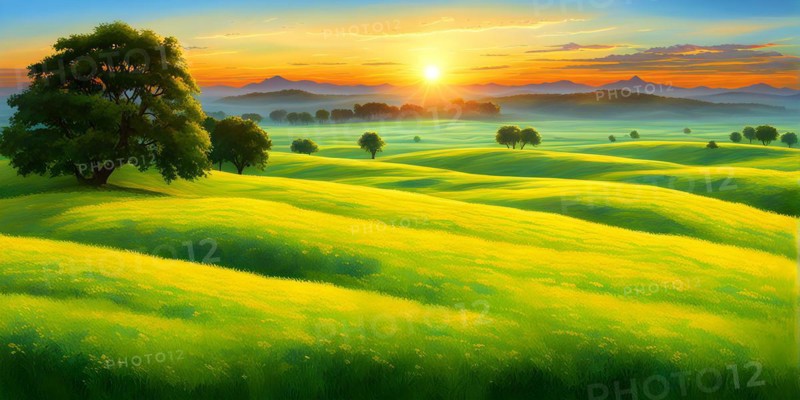 AI generated abstract painting of grasslands under a blazing sunset waves of greens