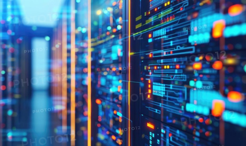 Cloud computing background with server racks and digital data streams AI generated