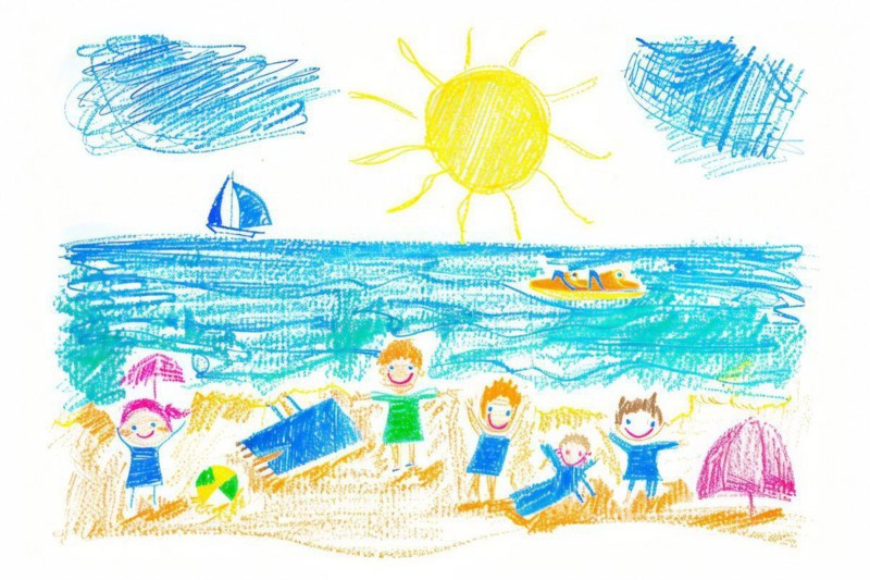 Beach scene bathing holiday by the sea, drawing with coloured pencils by a child of preschool age, primary school age, AI generated, AI generated, AI generated