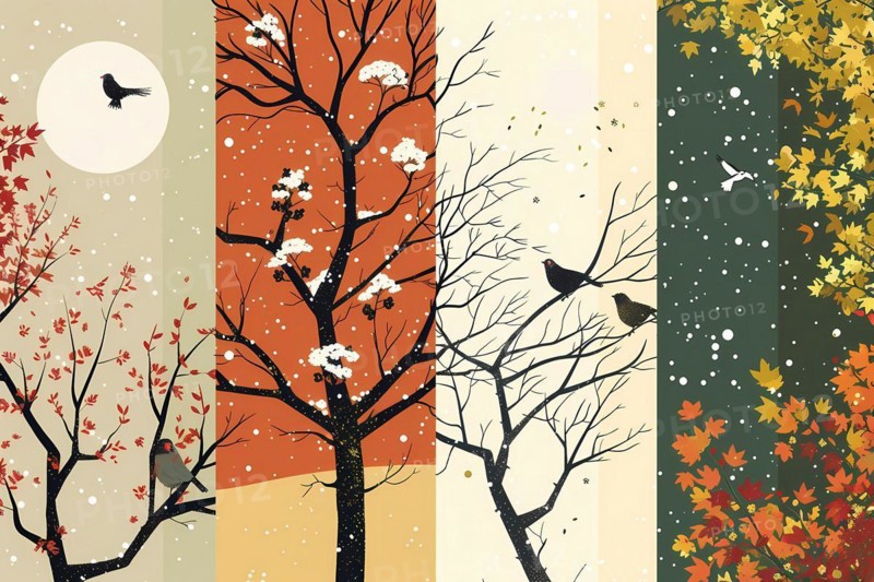 Artistic illustration depicting the cycle of seasons through colorful trees and birds, illustration, AI generated