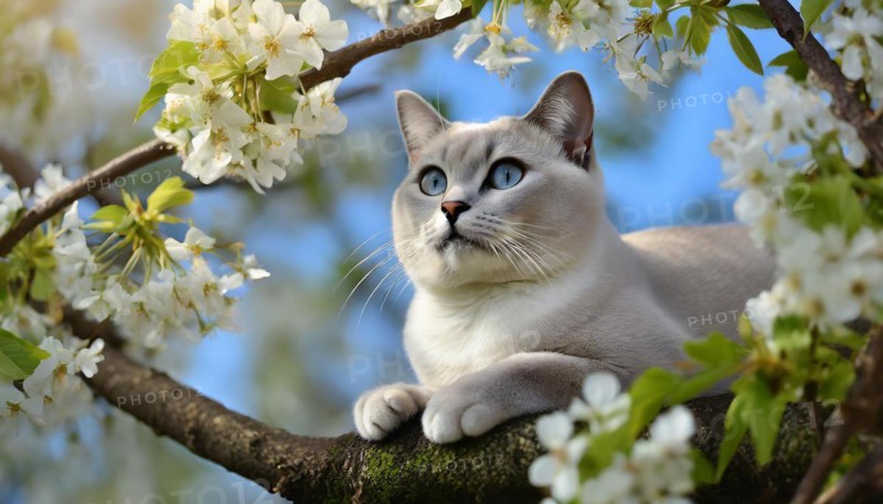 AI generated, animal, animals, mammal, mammals, cat, felidae (Felis catus), a cat resting on a tree, tree blossom, spring, summer