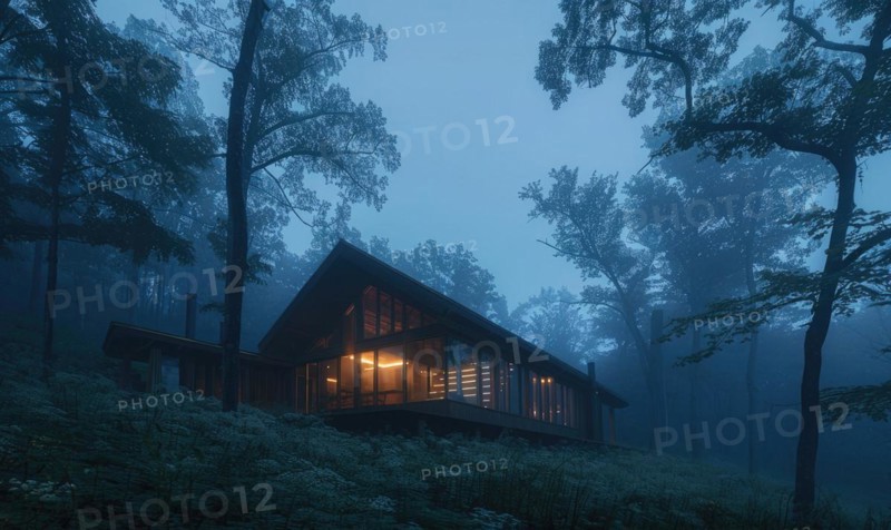 Morning mist enveloping a contemporary wooden cabin hidden deep within a spring garden filled with blooming irises and lilies AI generated