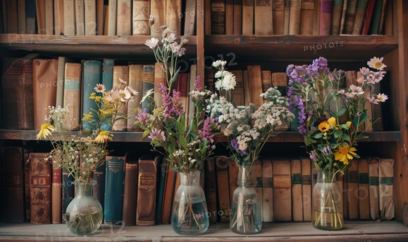 Vintage bookshelf adorned with vases of freshly picked wildflowers AI generated