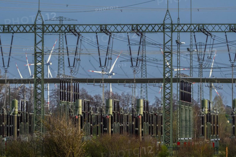 Stendal West substation with wind turbines in the background near Luederitz, Stendal, Saxony-Anhalt, Germany, Europe