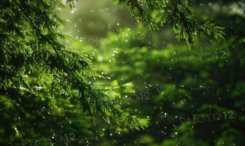 Closeup view on cedar branch in rain drops, bokeh background AI generated