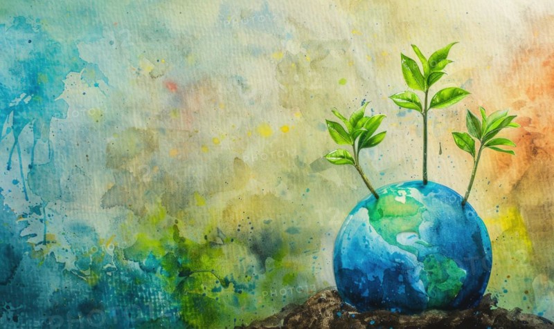 Vibrant watercolor painting of Earth with tree saplings growing on top AI generated