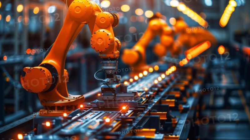 Orange robotic arms on an assembly line in an industrial setting, ai generated, AI generated