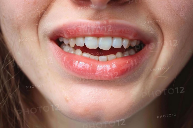 Young teenage girl's smiling mouth with crooked teeth. KI generiert, generiert, AI generated