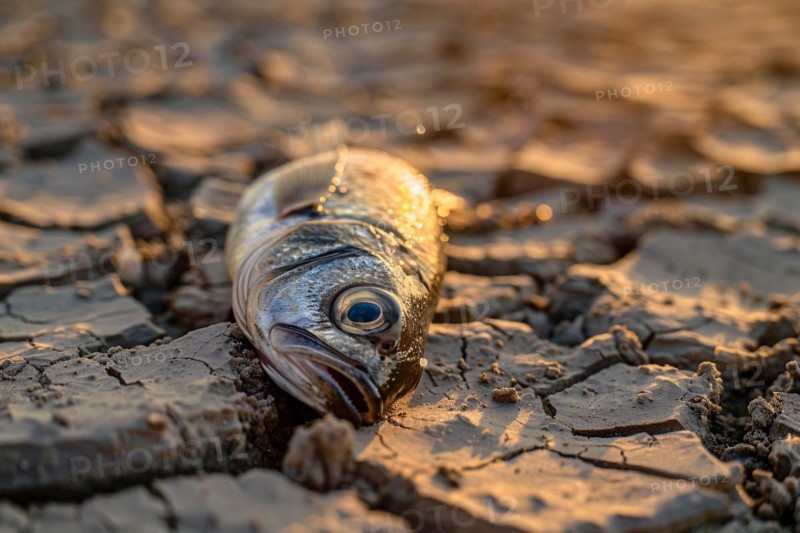 Dead fish on cacked dried up earth. Global warming and water scarcity concept. KI generiert, generiert, AI generated