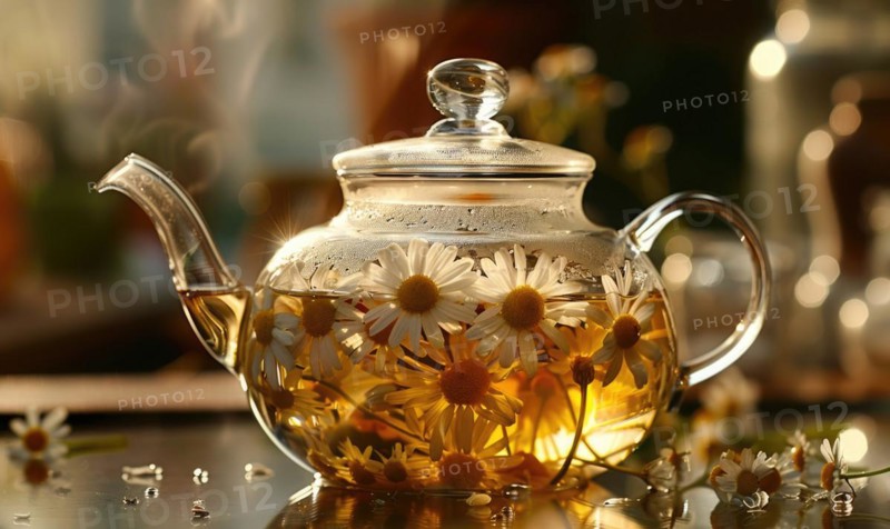 Chamomile tea being brewed in a glass teapot AI generated