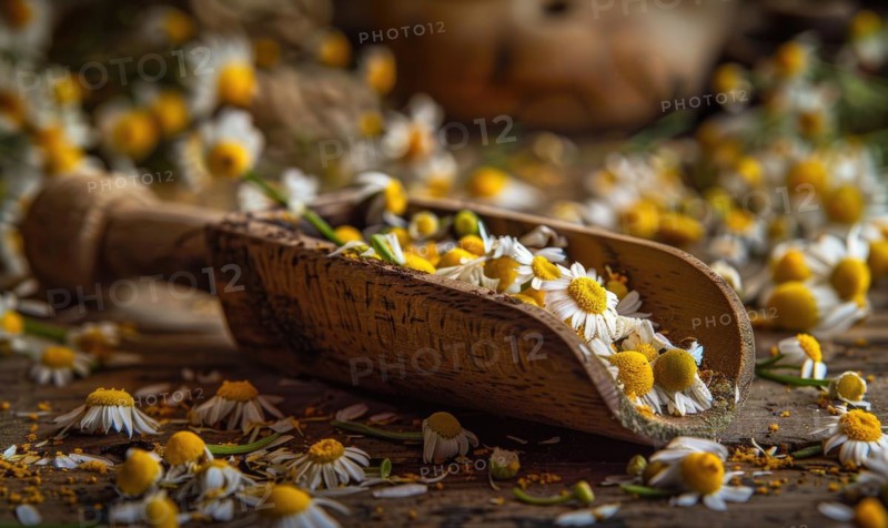 Chamomile tea leaves in a wooden scoop AI generated