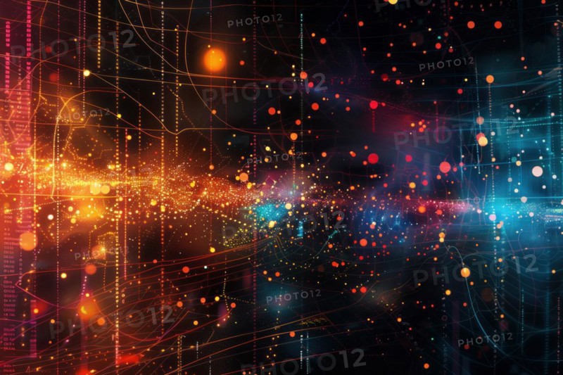 A captivating visualization of complex data, depicted as interconnected lines and nodes, illuminated by glowing particles against a dark backdrop, symbolizing network and information flow, AI generated
