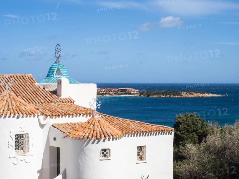 Typical roofs, Stella Maris church at the back, detail, Porto Cervo, Sardinia, Italy, Europe