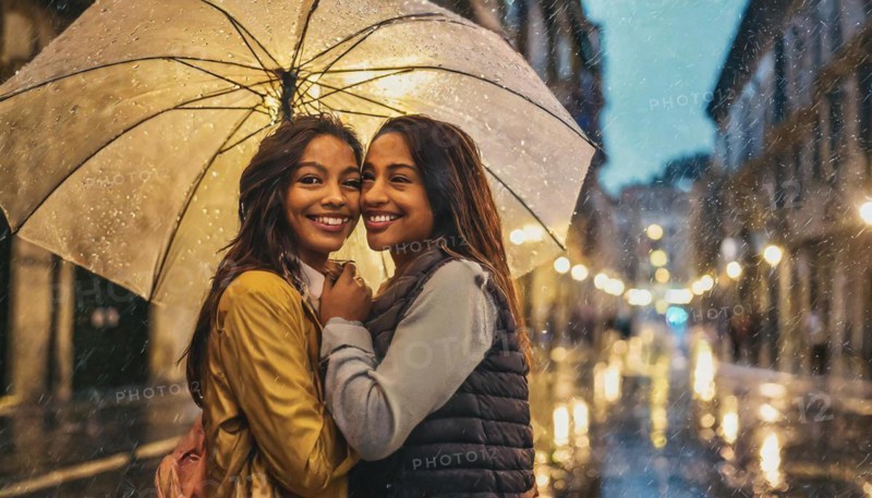 Two sisters sharing an umbrella and a joyful moment on a rainy city night, AI generated, blurry city background with bokeh effect, family love scene, AI generated