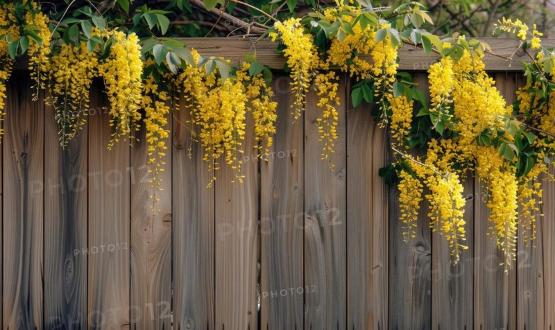 Laburnum branches cascading over a wooden fence AI generated