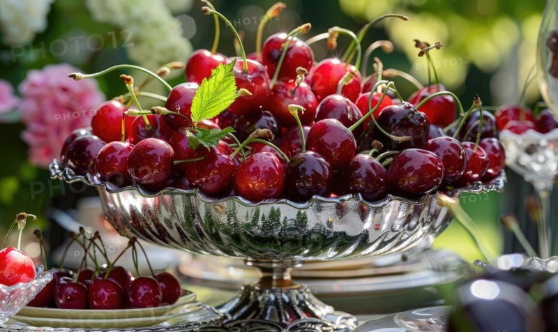 Ripe cherries arranged in a decorative centerpiece for a summer garden party AI generated