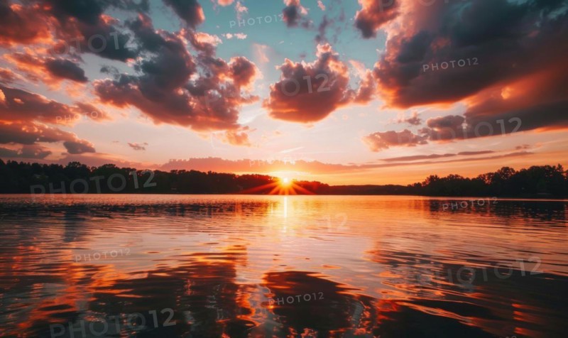 A bright red sunset over a tranquil lake AI generated