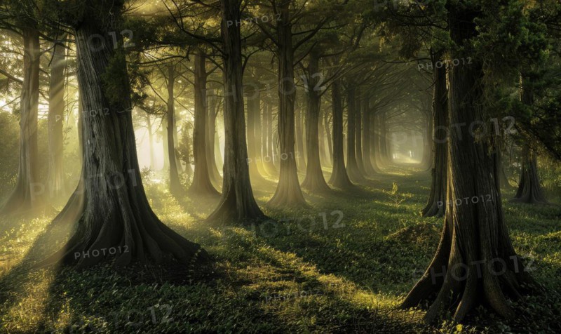 A cedar grove shrouded in mist, nature background AI generated