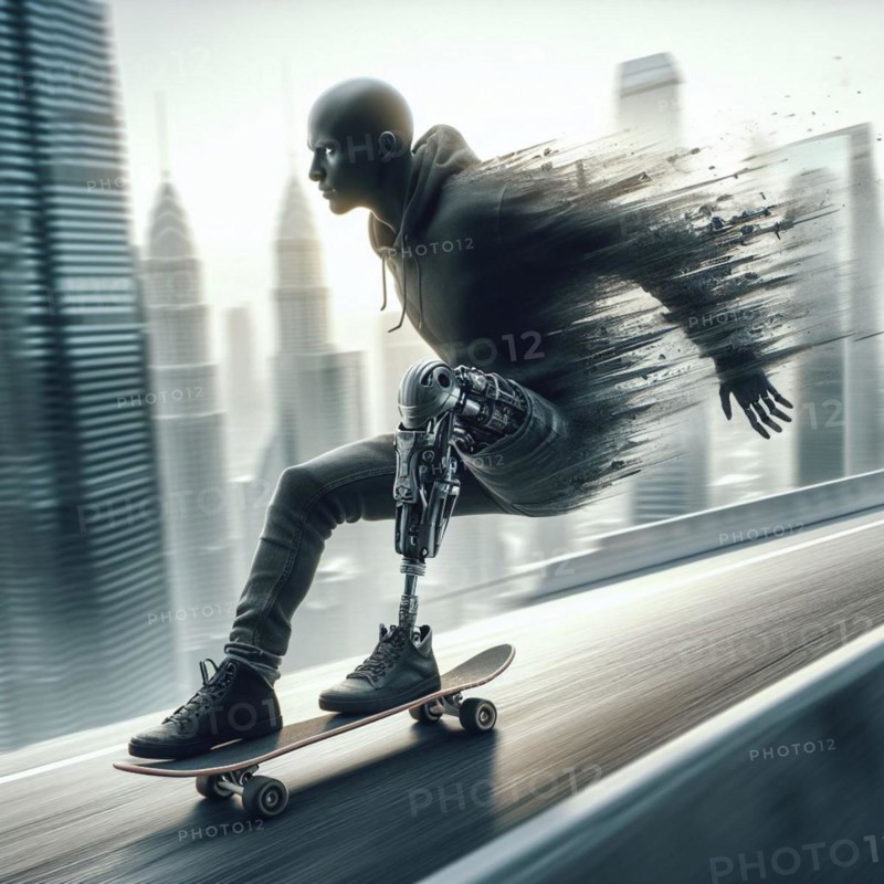 Person in a hoodie with advanced leg prosthesis displays speed and dynamism while skateboarding, particles effects AI generated