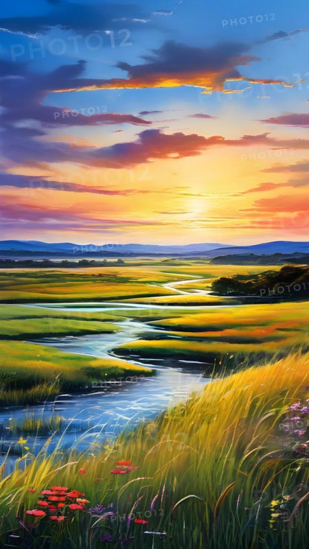AI generated abstract painting of grasslands under a blazing sunset waves of greens