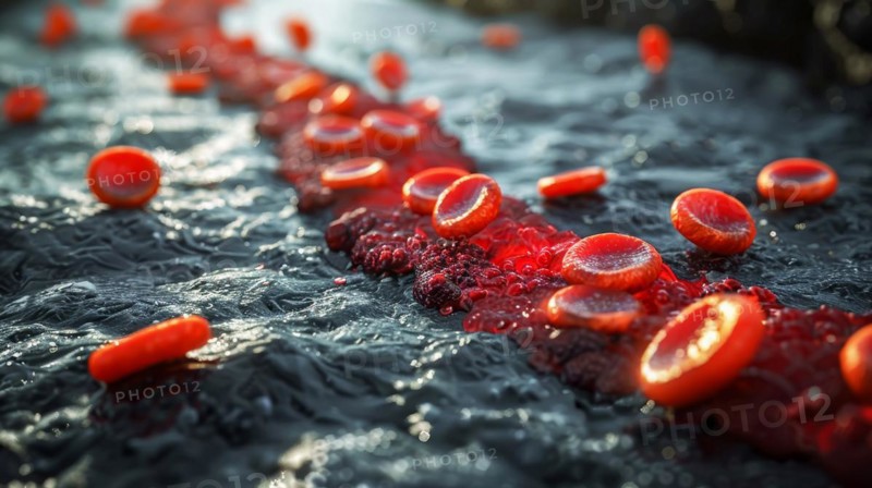Microscopic red blood cells on a dark, wet surface with cool lighting, ai generated, AI generated