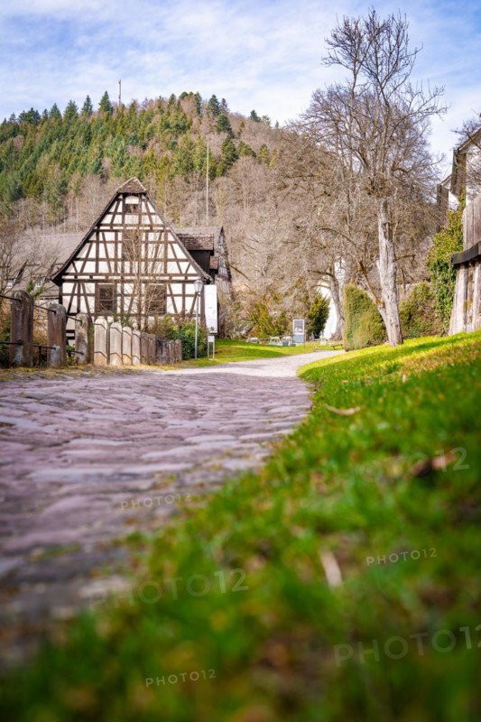 Half-timbered house at the end of a grassy path, quiet atmosphere, Calw, Black Forest, Germany, Europe