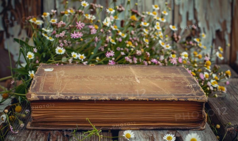 Vintage book surrounded by wildflowers AI generated