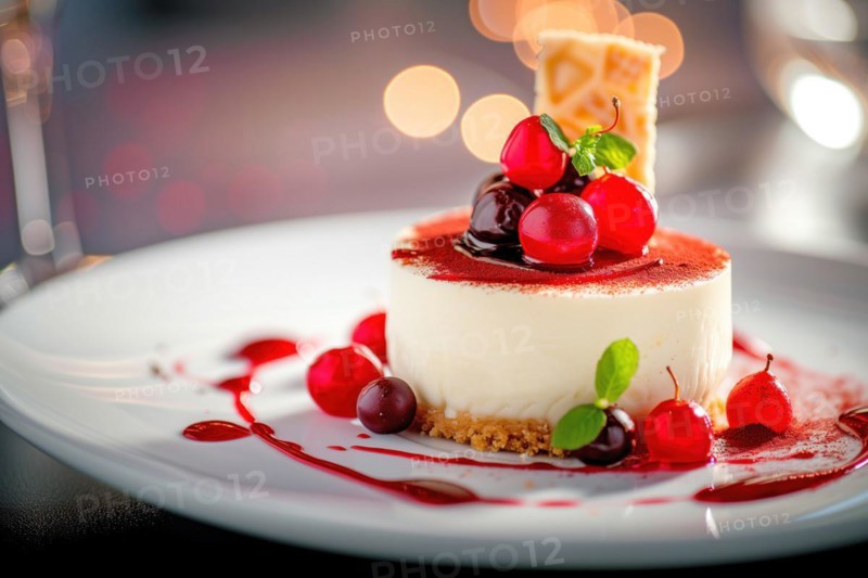 Gourmet cheesecake with berries and a dusting of cocoa, elegantly plated, AI generated