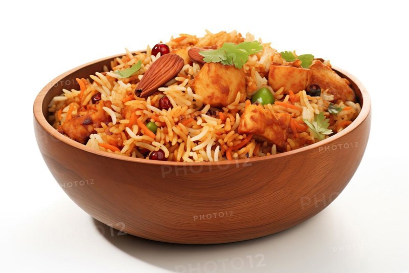 Delicious Chicken Biryani in a Wooden Bowl, AI generated