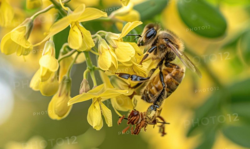 Close-up of a bee collecting nectar from laburnum flowers AI generated