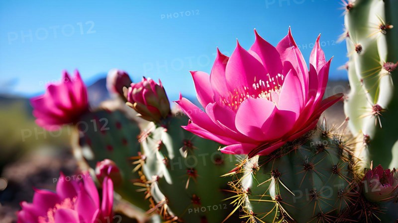 Prickly pear cactus blossoms in vibrant pink in the chihuahuan desert, AI generated