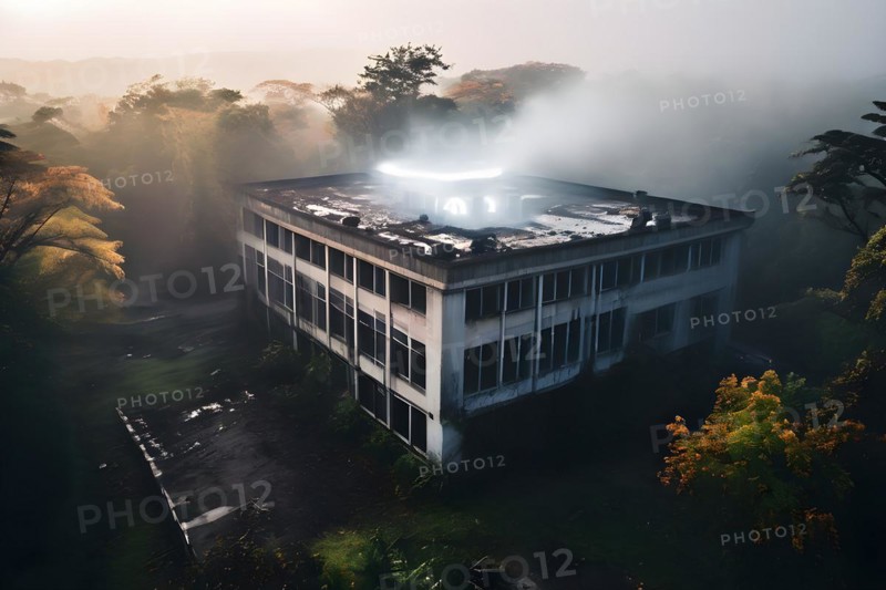 Neglected hospital section with collapsed roof elements, AI generated, hospital, damage, abandoned, ruin, decrepit